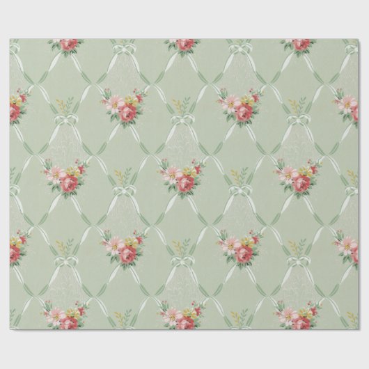 Roze bloemen op groene lint Trellis Cadeaupapier (Vlak)