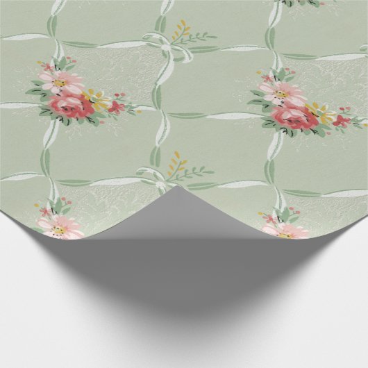 Roze bloemen op groene lint Trellis Cadeaupapier (Hoek)