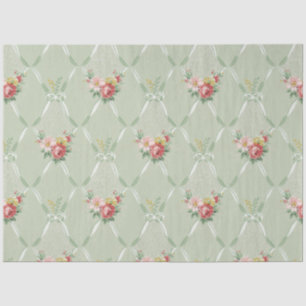 Roze bloemen op groene lint Trellis Tissu Tissuepapier