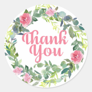 Roze bloemen op krans dank u ronde sticker