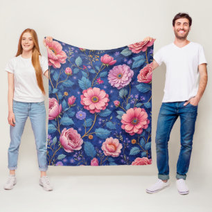 Roze Bloemen op Levendig Blauw Fleece Deken