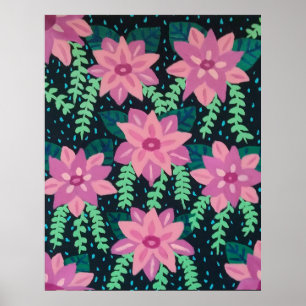 Roze bloemen op zwart poster