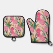 Roze bloemen ovenwant & pannenlap set (Voorkant)