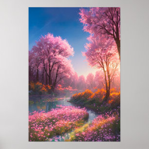 Roze Bloemen Overgroeiende het Bos Moeras Poster