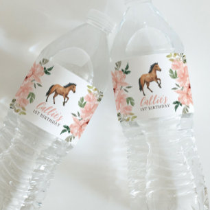 Roze Bloemen Paard Verjaardagsfeest Waterfles Etiket