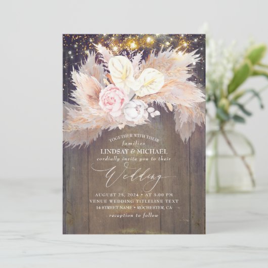 Roze Bloemen Pampas Grass Rustiek Hout Bruiloft Kaart (Staand voorkant)