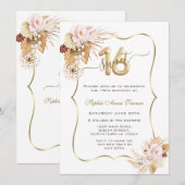 Roze Bloemen Pampas Grass Sweet 16 Celebration Kaart (Voorkant / Achterkant)