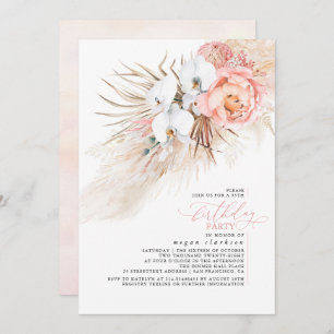 Roze Bloemen Pampas Grass Verjaardagsfeest Kaart