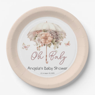 Roze Bloemen Paraplu Baby shower Papieren Bordje