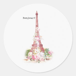  roze bloemen Parijs Eiffeltoren Ronde Sticker
