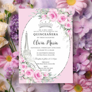 Roze Bloemen Paris Vlinders Quinceañera Sweet 16 Kaart