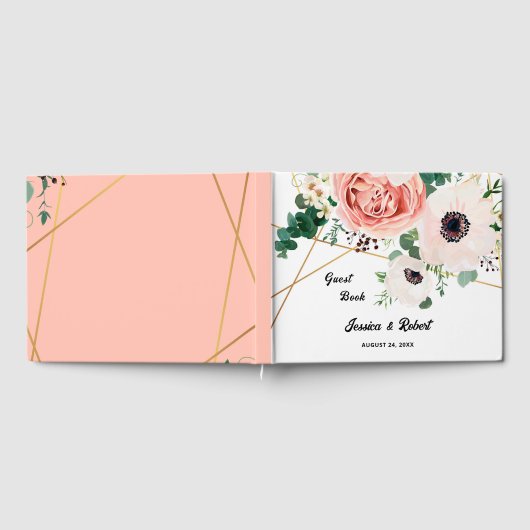 Roze Bloemen Pastel Bloemen Bruid Bruidegom Huweli Gastenboek (Volledig)