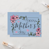 roze bloemen Pastel blue Cerulean moederdag Kaart (Voorkant / Achterkant in situ)