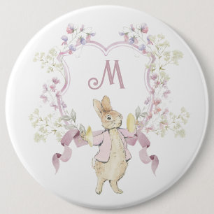 Roze Bloemen Peter de Konijn Monogram Baby shower Ronde Button 6,0 Cm