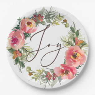 Roze Bloemen & Pine Krans Joy Christmas Party Papieren Bordje
