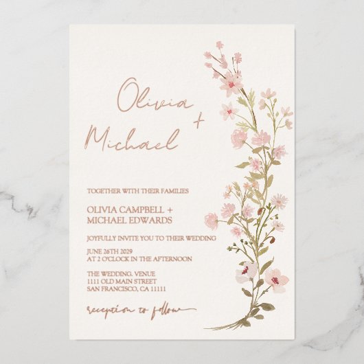 Roze bloemen Pinkbloemen Garden Weddenschap Roos G Folie Uitnodiging (Voorkant)