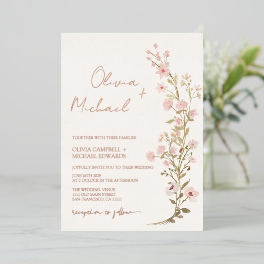 Roze bloemen Pinkbloemen Garden Weddenschap Roos G Folie Uitnodiging (Staand Voorkant)