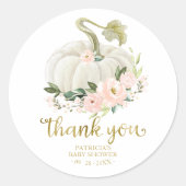 Roze Bloemen Pompoen Herfst Baby shower Dank u Ronde Sticker (Voorkant)