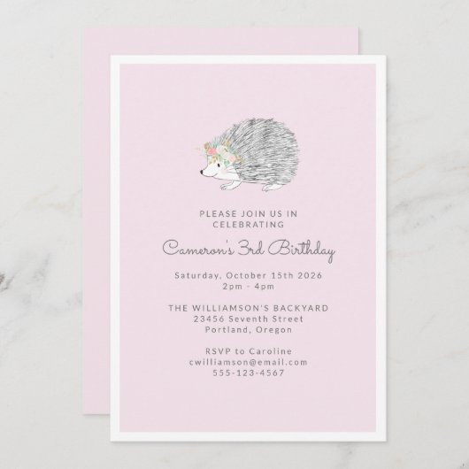 Roze Bloemen Porcupine Schattige 3e Verjaardagsfee Kaart (Voorkant / Achterkant)