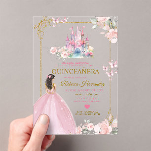 Roze Bloemen Prinses Royal Castle Gold Quinceañera Acryl Uitnodigingen