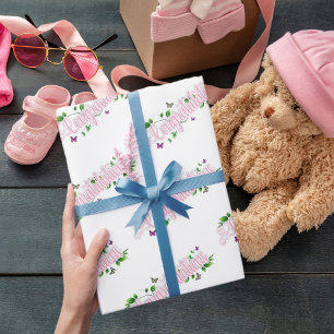 Roze Bloemen Proficiat tekst inpakpapier