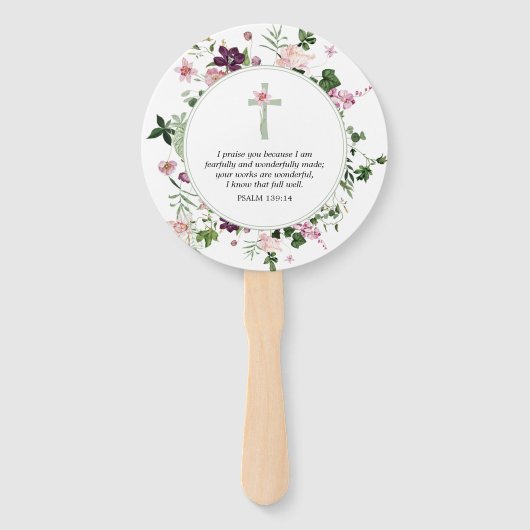 Roze Bloemen Psalm 139:14 Handwaaier (Voorkant)