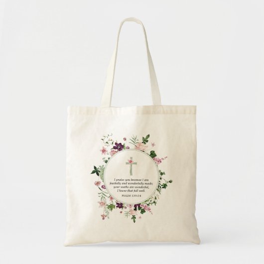 Roze Bloemen Psalm 139:14 Tote Bag (Voorkant)