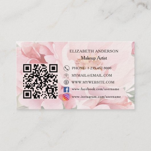 Roze bloemen QR code premium Visitekaartje (Achterkant)