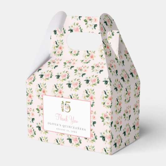 Roze Bloemen Quinceañera Favoriet Box Mis XV Rozen Bedankdoosjes (Voorkant Zijde)