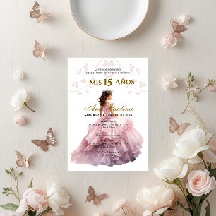 Roze Bloemen Quinceañera Spaanse Uitnodiging
