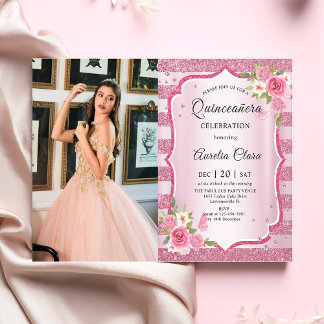 Roze Bloemen Quinceañera Verjaardag Foto Kaart