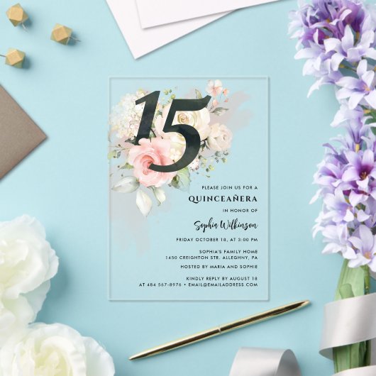 Roze Bloemen Quinceanera Viering Acryl Uitnodigingen (Insitu (Huwelijk))