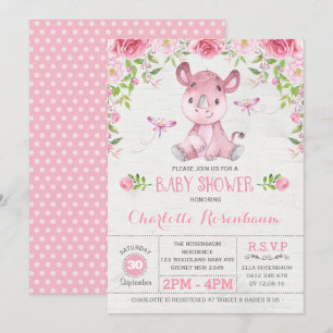 Roze Bloemen Rhinoceros Baby Meisje Douche Kaart