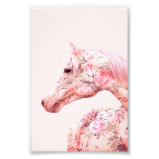 Roze bloemen Riding Horse | Aesthetisch kunstwerk Foto Afdruk
