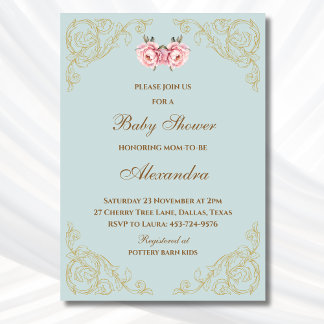 Roze Bloemen Rococo Bloemen Baby shower Kaart