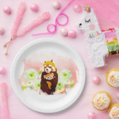 Roze Bloemen Rode Panda Papier Borden 9" Papieren Bordje (Feest)