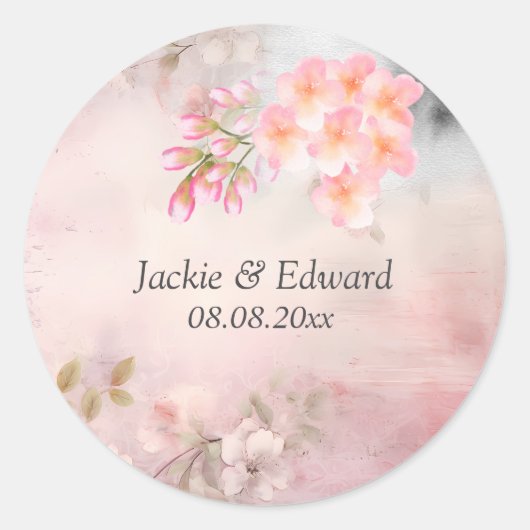 Roze Bloemen Romantisch Ronde Sticker (Voorkant)