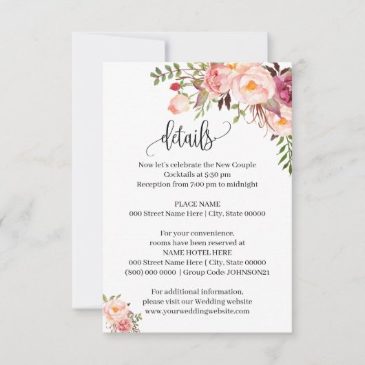 Roze Bloemen Romantische boho chique insert kaart (Voorkant)