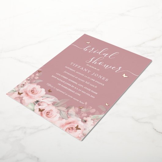 Roze Bloemen Roos Gouden Vlinder Vrijgezellenfeest Folie Uitnodiging (Gedraaid)