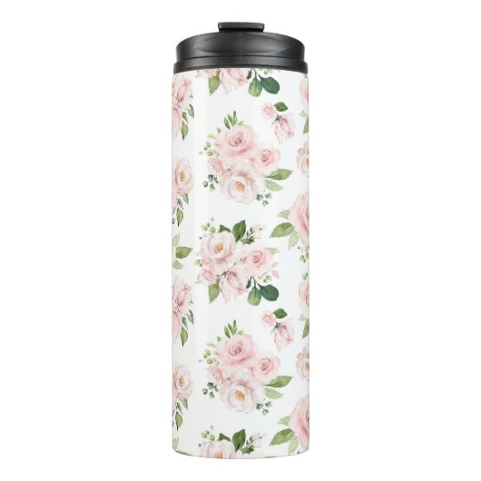 Roze bloemen, roze rozen, Waterverf bloemen Thermosbeker (Voorkant)