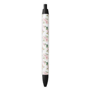 Roze bloemen, roze rozen, Waterverf bloemen Zwarte Inkt Pen