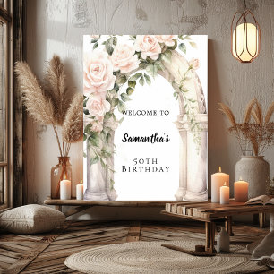 Roze bloemen rozen boogverjaardagswelkom poster