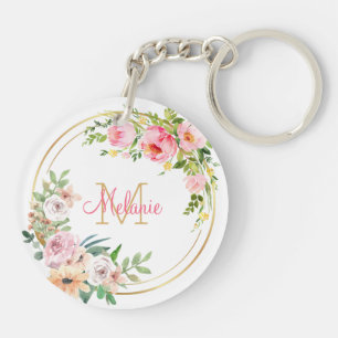 Roze Bloemen Rozen - Goud Lijst - Gepersonaliseerd Sleutelhanger