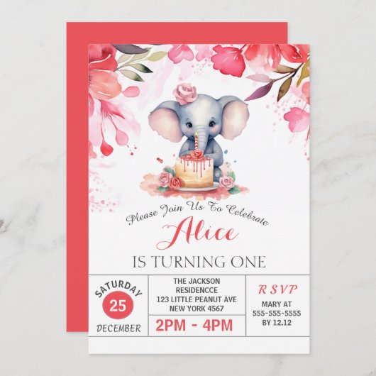 Roze Bloemen Rozen Olifant Verjaardagsfeest Kaart (Voorkant / Achterkant)