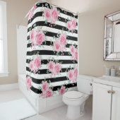  Roze Bloemen Rozen Zwart Strepen Waterverf Douchegordijn (In situ)