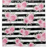  Roze Bloemen Rozen Zwart Strepen Waterverf Douchegordijn (Voorkant)