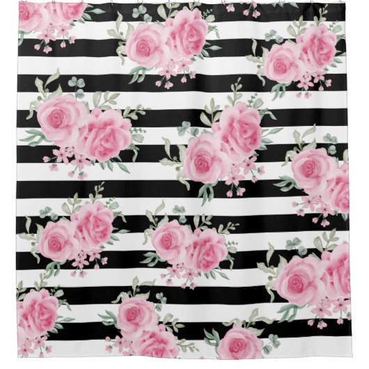  Roze Bloemen Rozen Zwart Strepen Waterverf Douchegordijn (Voorkant)