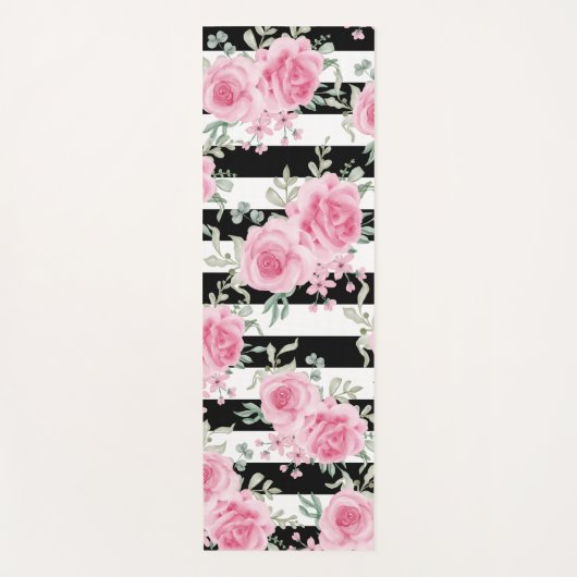 Roze Bloemen Rozen Zwart Strepen Yoga Mat (Voorkant)
