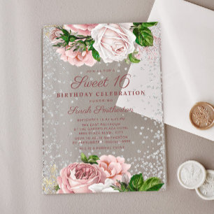 Roze bloemen rozentuin zilveren glitter Sweet 16 Acryl Uitnodigingen