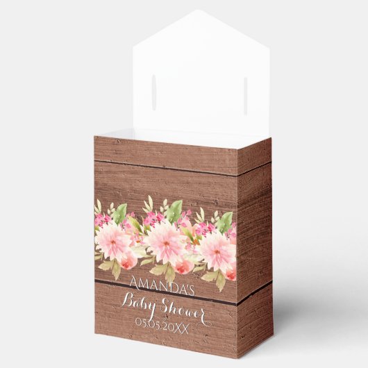 Roze bloemen rustiek bruin hout baby shower bedankdoosjes (Geopend)